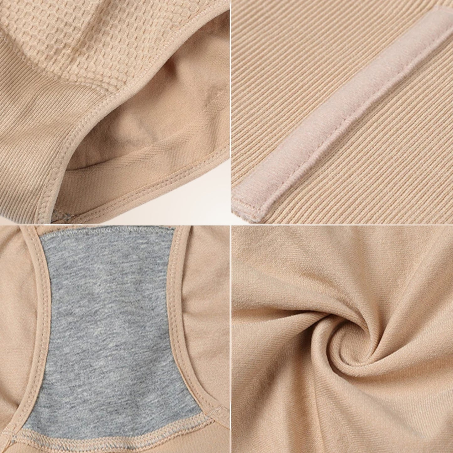 Détails rapprochés gaine beige effet ventre plat tissu extensible et coutures renforcées.