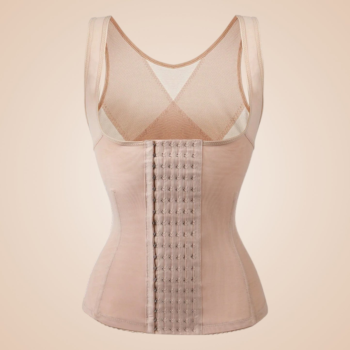 Corset minceur femme nude avec bretelles larges et fermeture à crochets sur le devant.