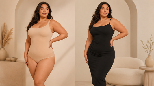 Body gainant sous robe moulante porté par une femme ronde pour lisser le ventre, sublimer la silhouette et rester discret sous une robe près du corps.