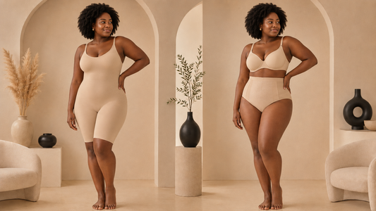 Femme ronde afro portant un body gainant nude et une gaine ventre plat taille haute, illustrant la différence entre maintien complet et effet ventre plat ciblé.