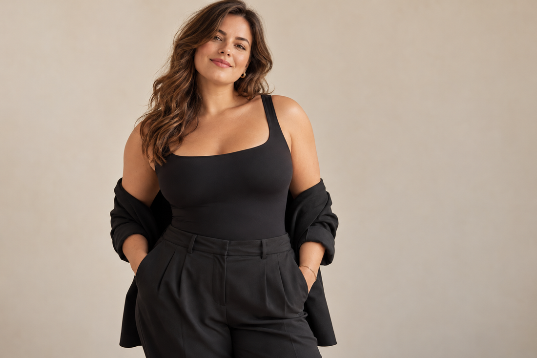 Femme adulte en tenue noire élégante, debout avec une expression sereine, pour illustrer la confiance en soi dans ses vêtements
