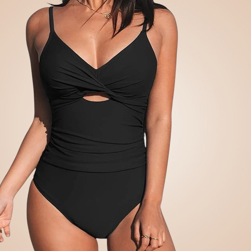 Anuket maillot de bain femme sculptant noir une pièce avec décolleté en V, effet drapé ventre et coupe gainante