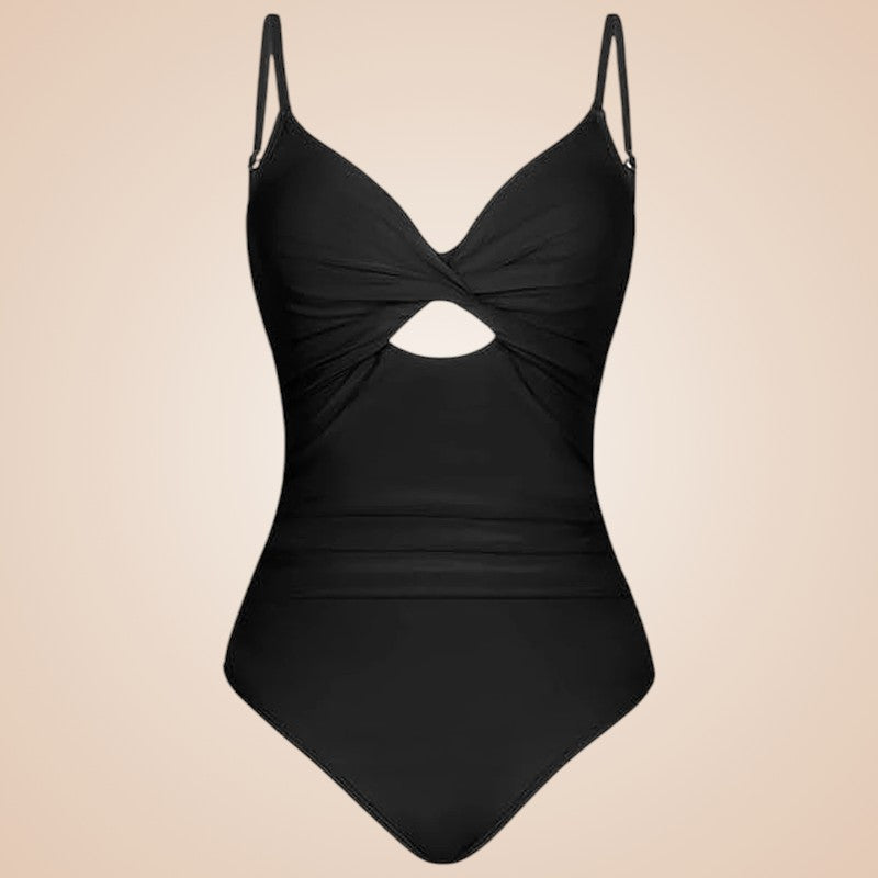 Anuket maillot de bain femme sculptant noir une pièce avec décolleté en V, détail ajouré et effet drapé ventre