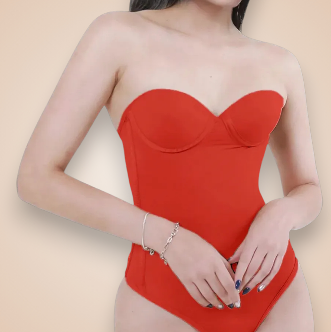 Body gainant sans bretelles rouge pour femme, lingerie sculptante effet push-up et maintien de la poitrine, affine la taille et galbe la silhouette.