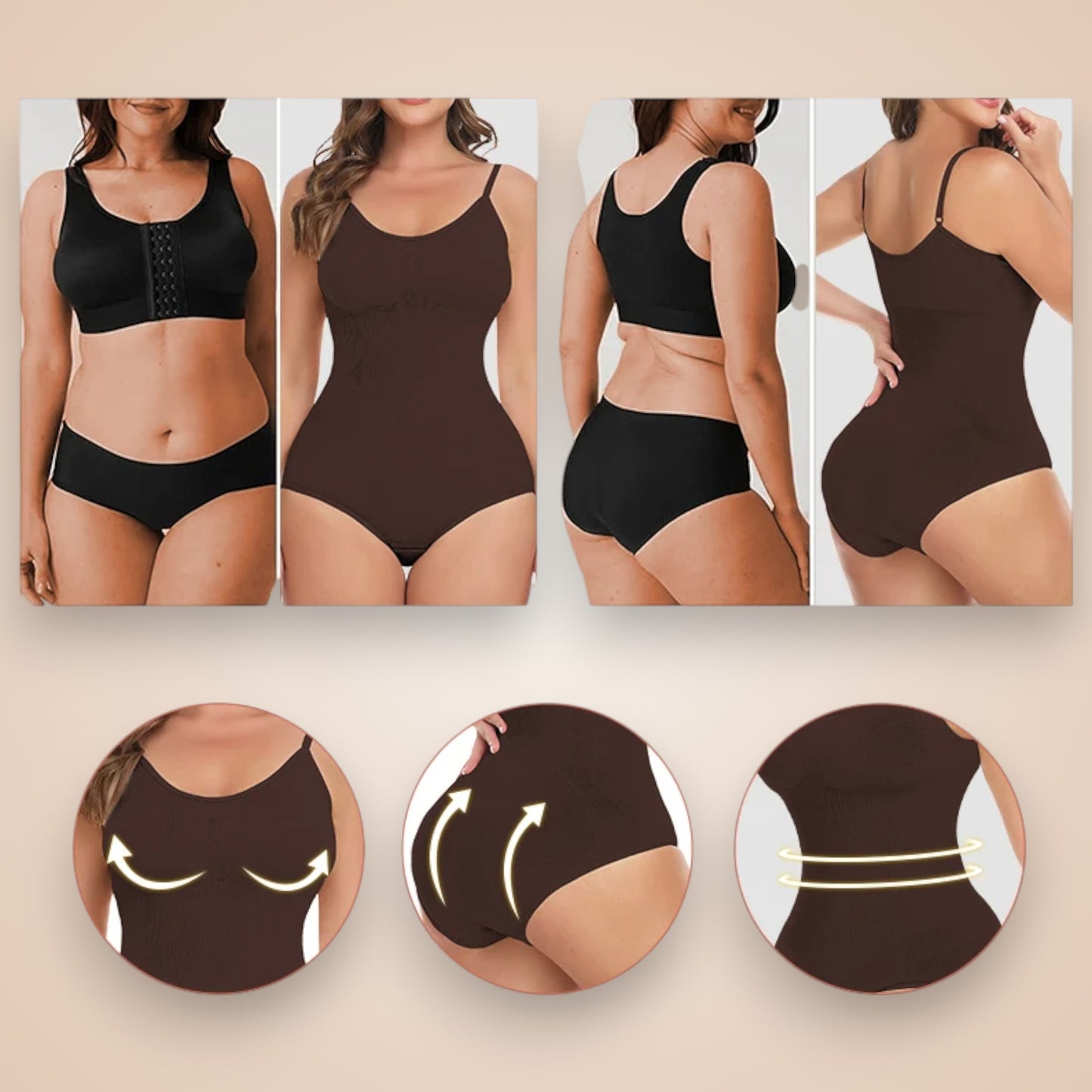 Body gainant sculptant femme couleur marron – comparaison avant après, effet ventre plat, maintien poitrine, lift des fesses et silhouette affinée – lingerie gainante Secret Gainant