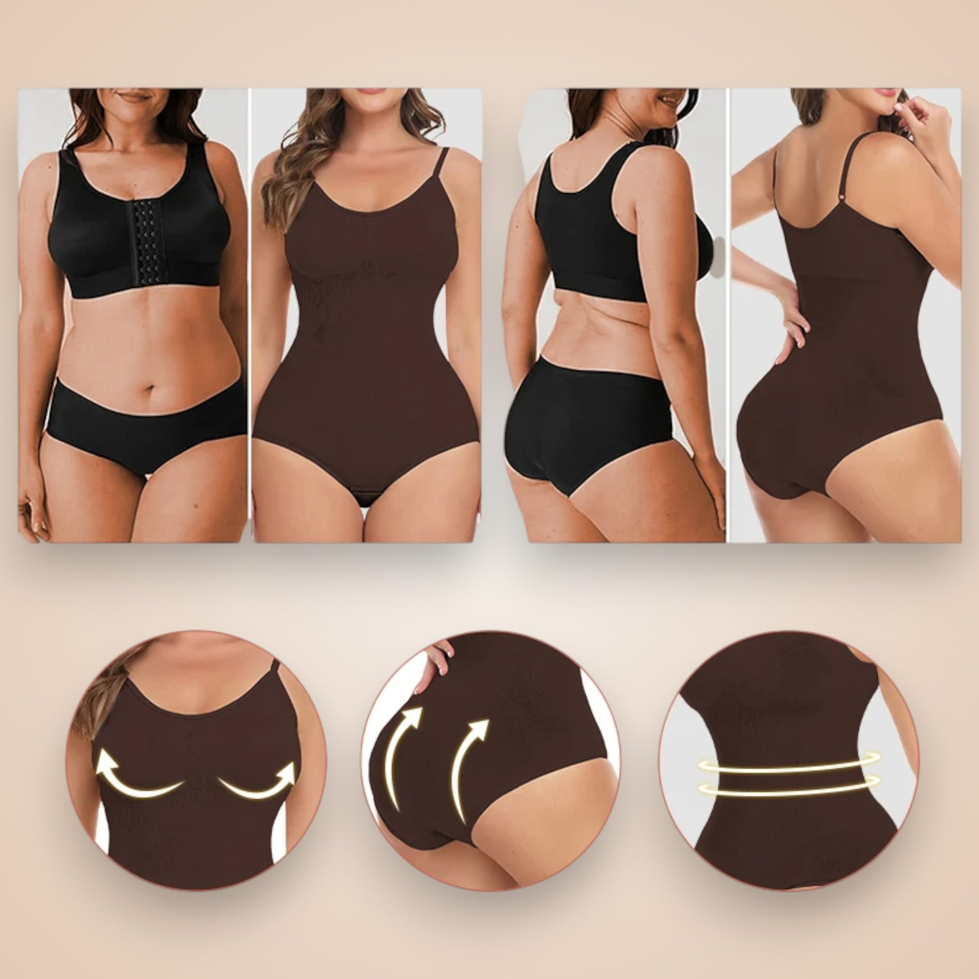 Body gainant sculptant femme couleur marron – comparaison avant après, effet ventre plat, maintien poitrine, lift des fesses et silhouette affinée – lingerie gainante Secret Gainant