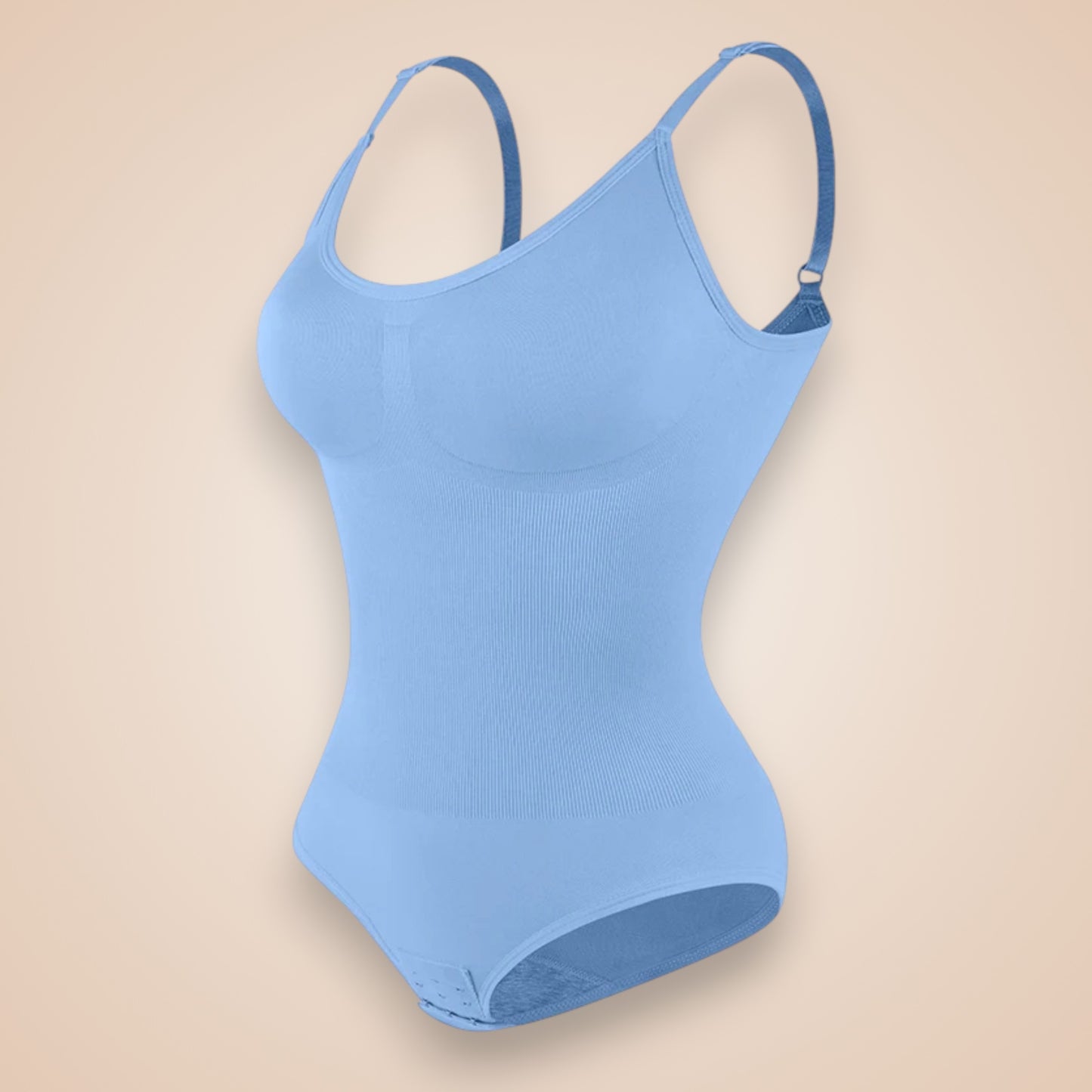 Body gainant bleu pour femme, lingerie sculptante à bretelles fines réglables avec fermeture à agrafes, effet ventre plat et maintien du buste, body amincissant doux et respirant.