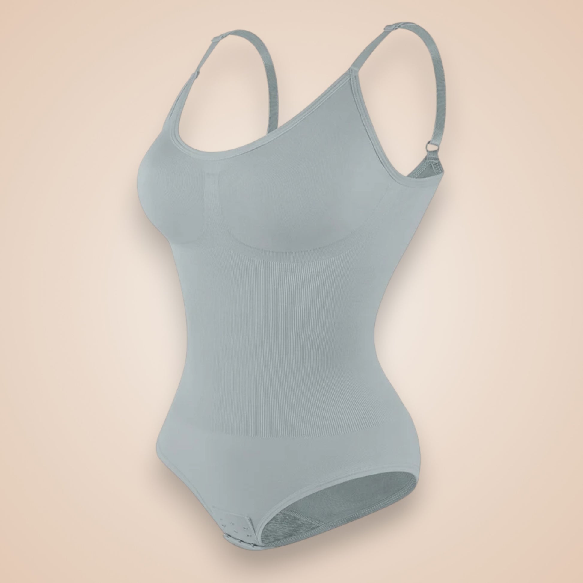 Body gainant gris clair pour femme, lingerie sculptante à bretelles réglables avec fermeture à agrafes, effet ventre plat et maintien de la poitrine, body amincissant doux et confortable.