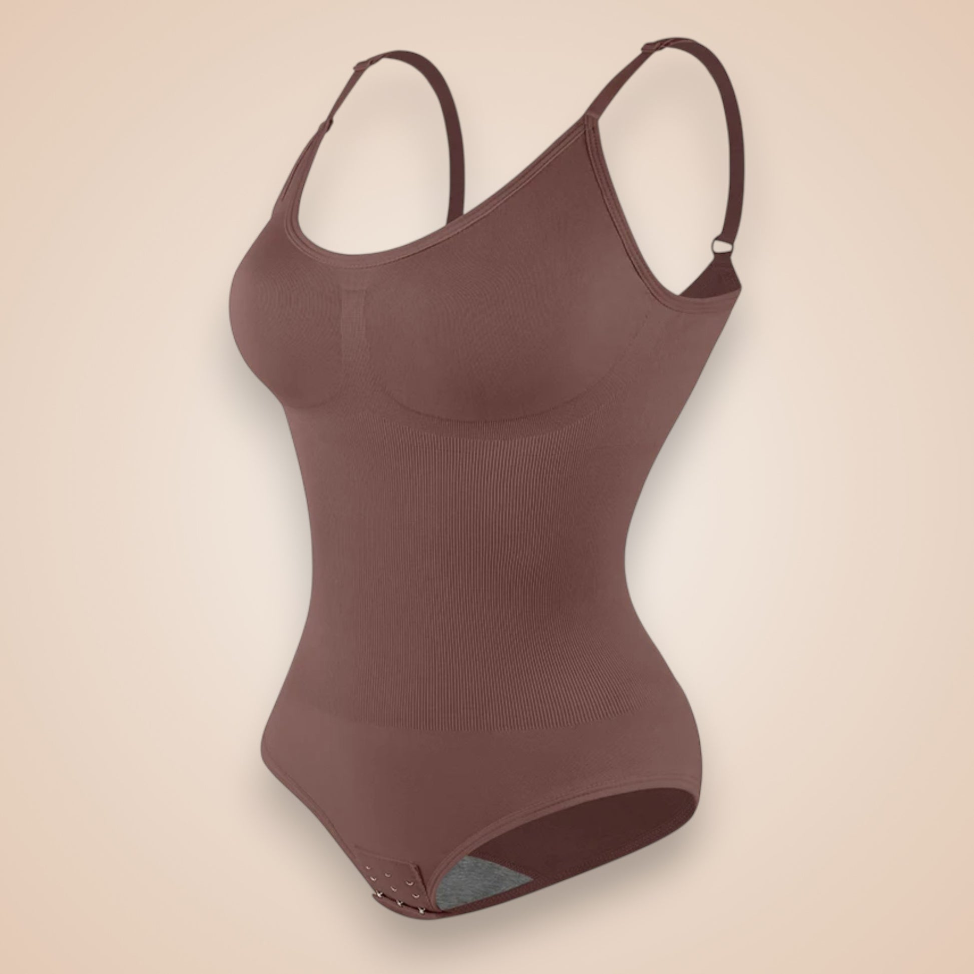 Body gainant marron pour femme, lingerie sculptante avec bretelles réglables et fermeture à agrafes, effet ventre plat et galbe naturel, body amincissant confortable et invisible.