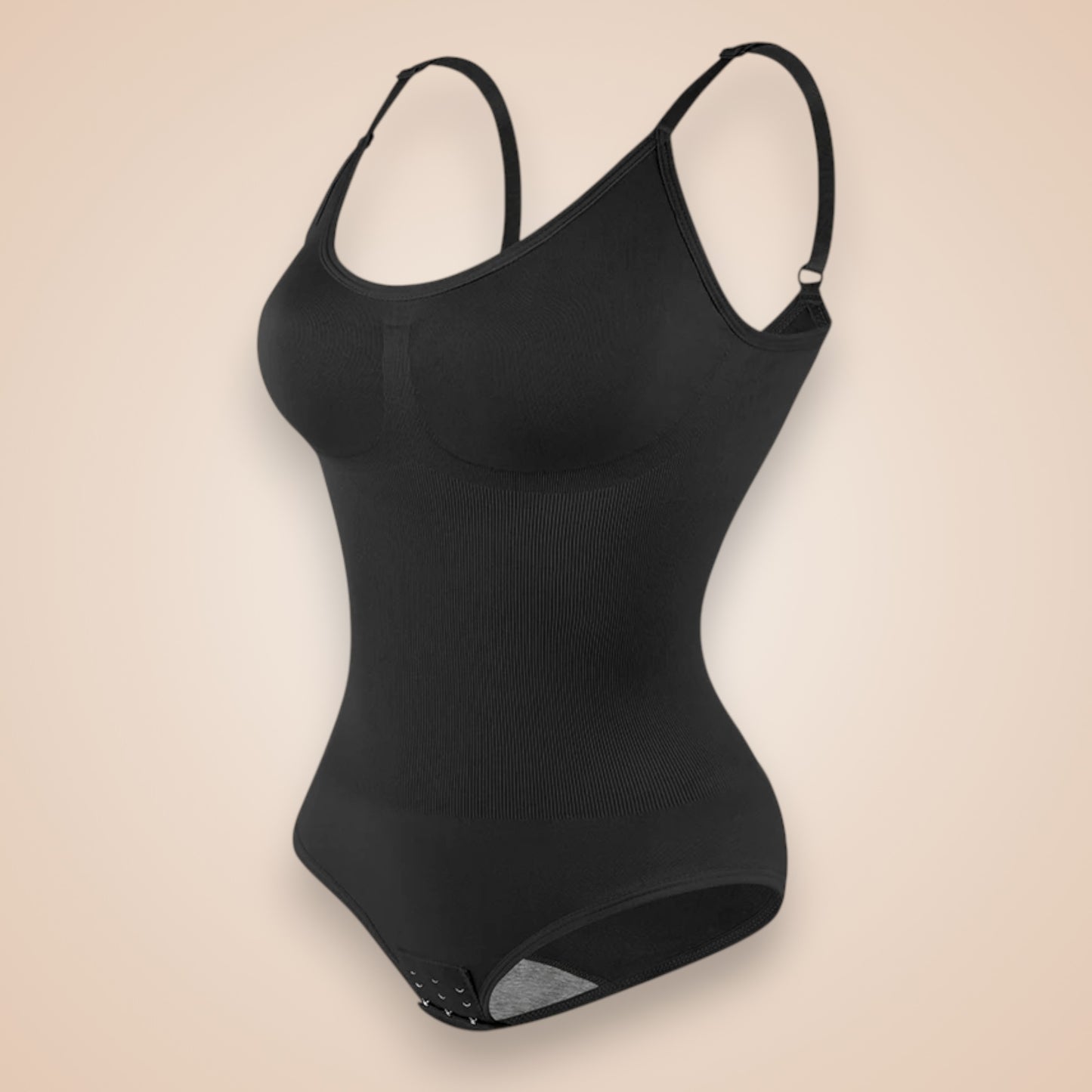 Body gainant noir pour femme, lingerie sculptante avec bretelles réglables et fermeture à agrafes, effet ventre plat et maintien de la poitrine pour une silhouette affinée.