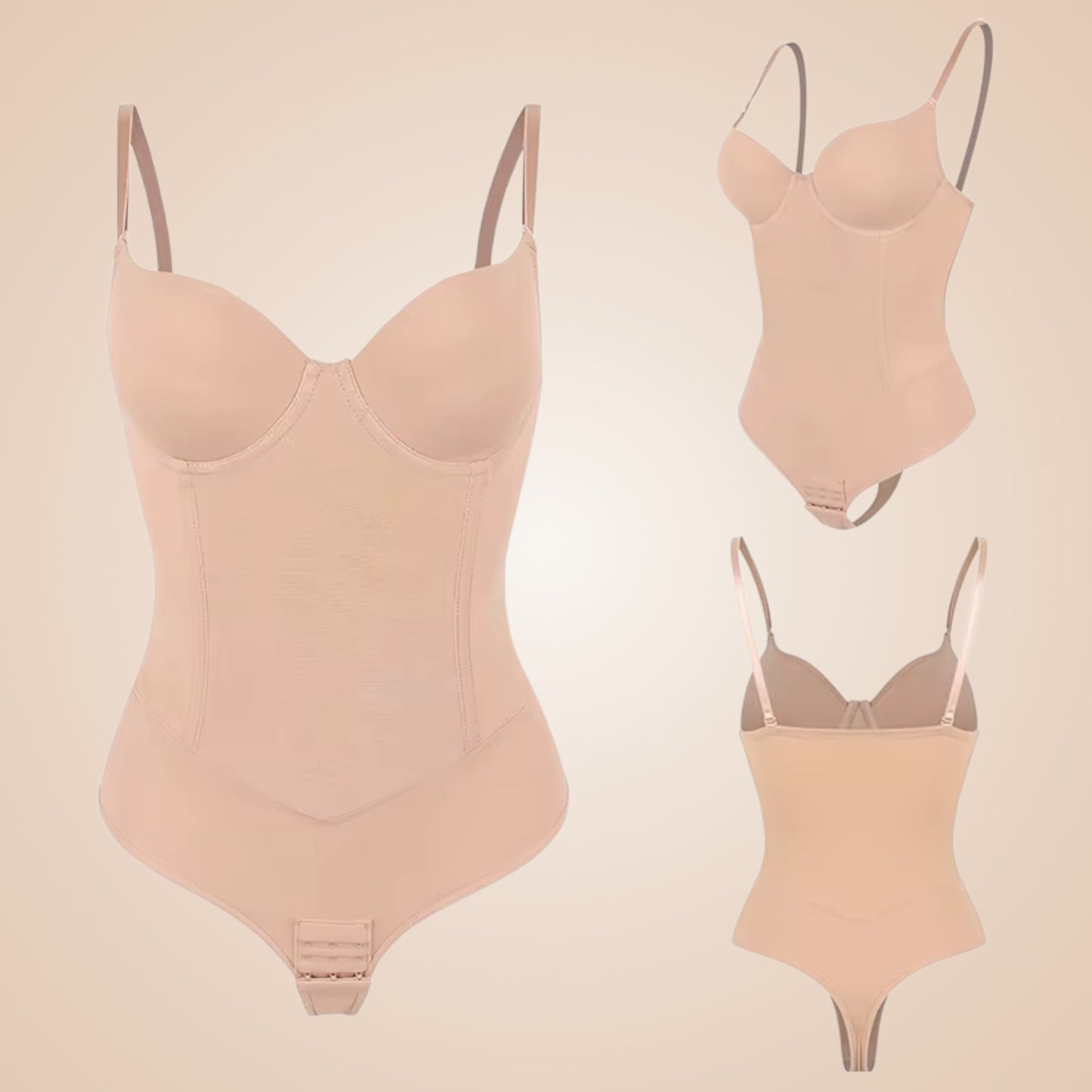 Body string gainant nude femme, lingerie sculptante avec soutien-gorge intégré, effet ventre plat et maintien invisible sous les vêtements.