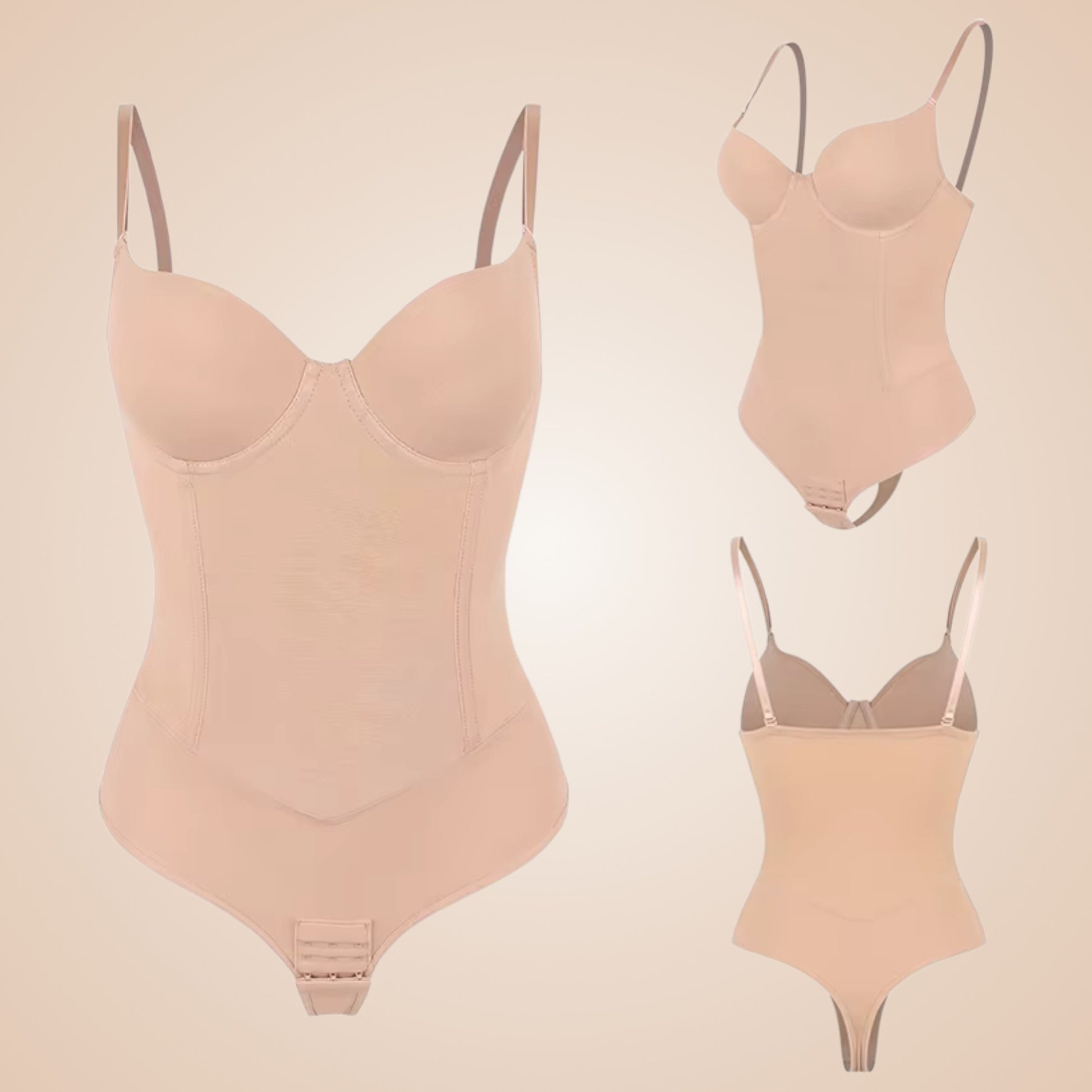 Body string gainant nude femme, lingerie sculptante avec soutien-gorge intégré, effet ventre plat et maintien invisible sous les vêtements.