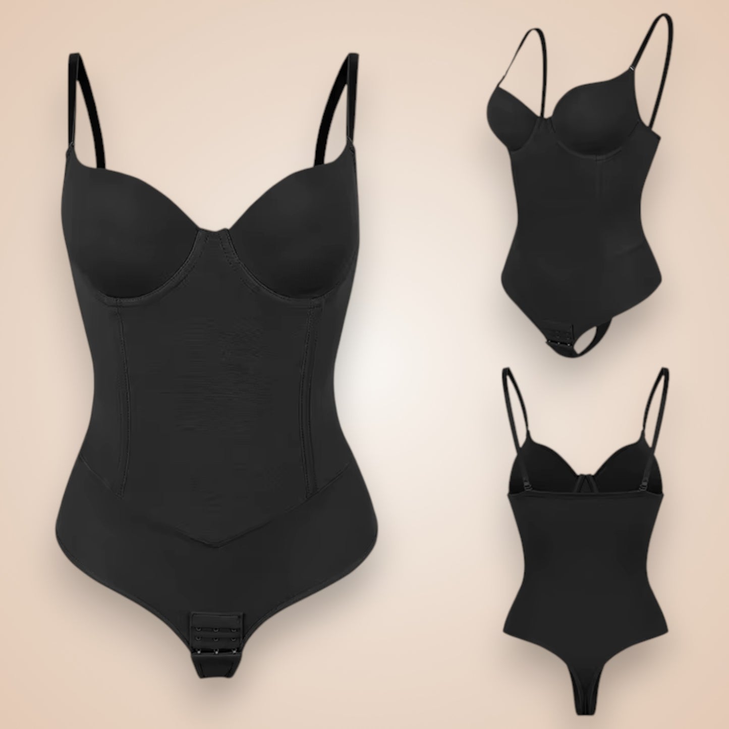 Body string gainant noir femme, lingerie sculptante avec effet ventre plat, soutien-gorge intégré et bretelles réglables, maintien optimal et coupe invisible.