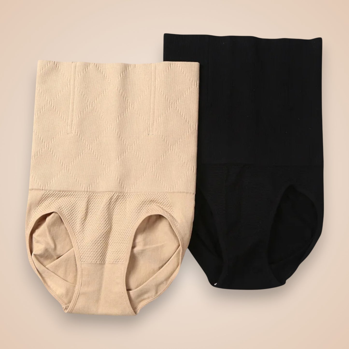 Lot de deux culottes gainantes taille haute pour femme, une noire et une couleur nude, lingerie sculptante effet ventre plat et amincissant.