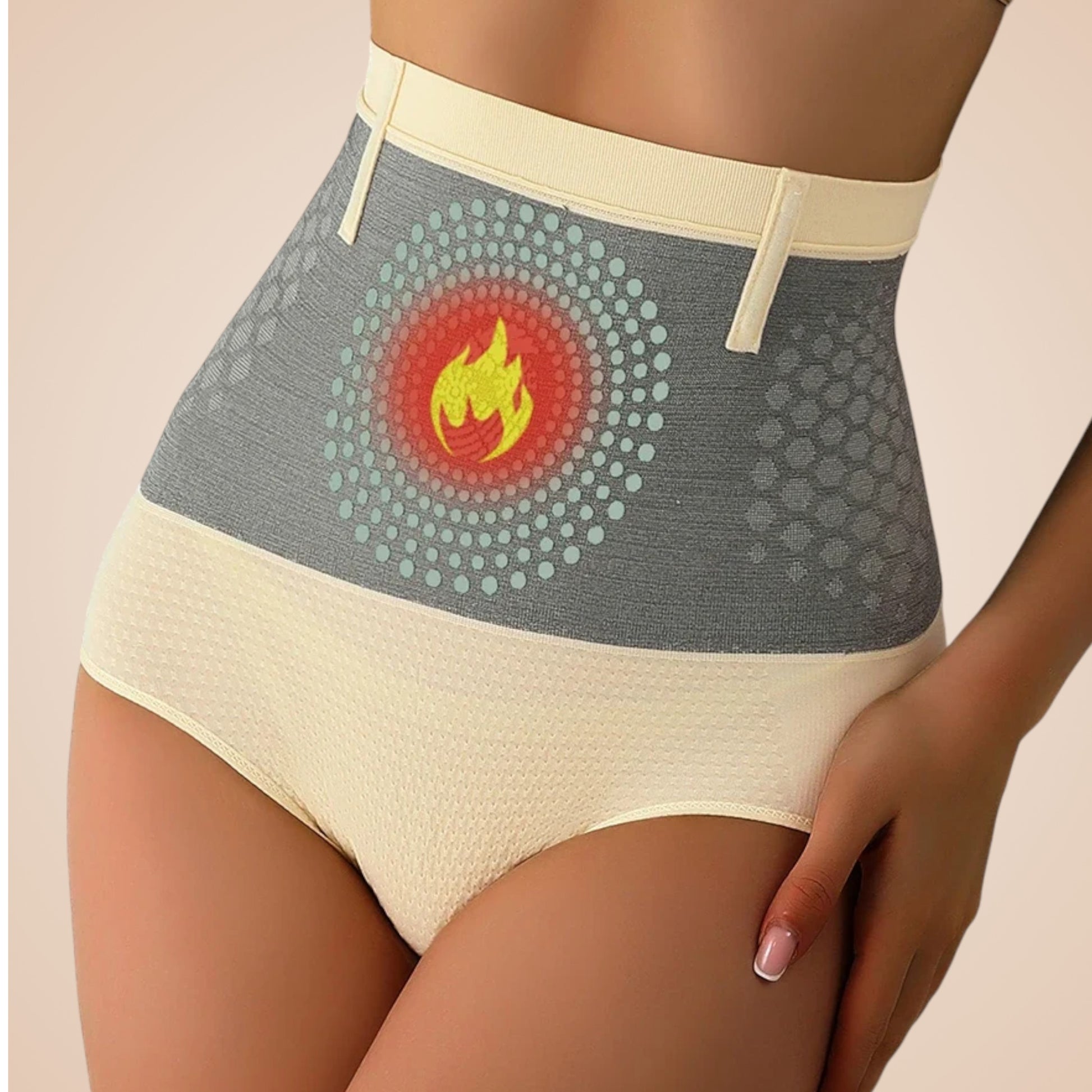 Culotte gainante beige avec ceinture grise sculptante et motif feu au centre.