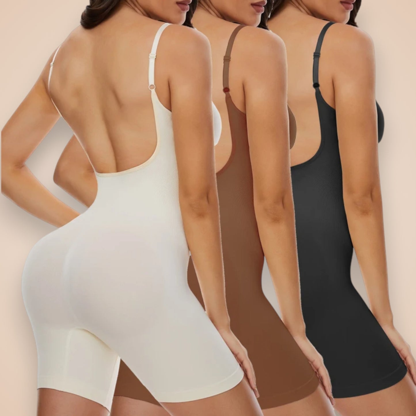 Combinaison gainante femme dos nu en trois coloris beige, marron et noir, lingerie sculptante effet seconde peau pour un maintien optimal et une silhouette galbée.