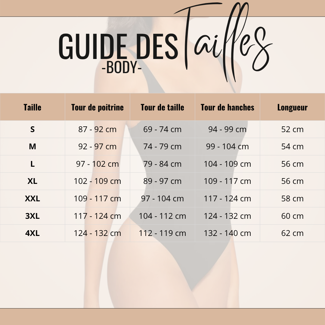Guide des tailles de Huaca - Body Gainant Dos Nu