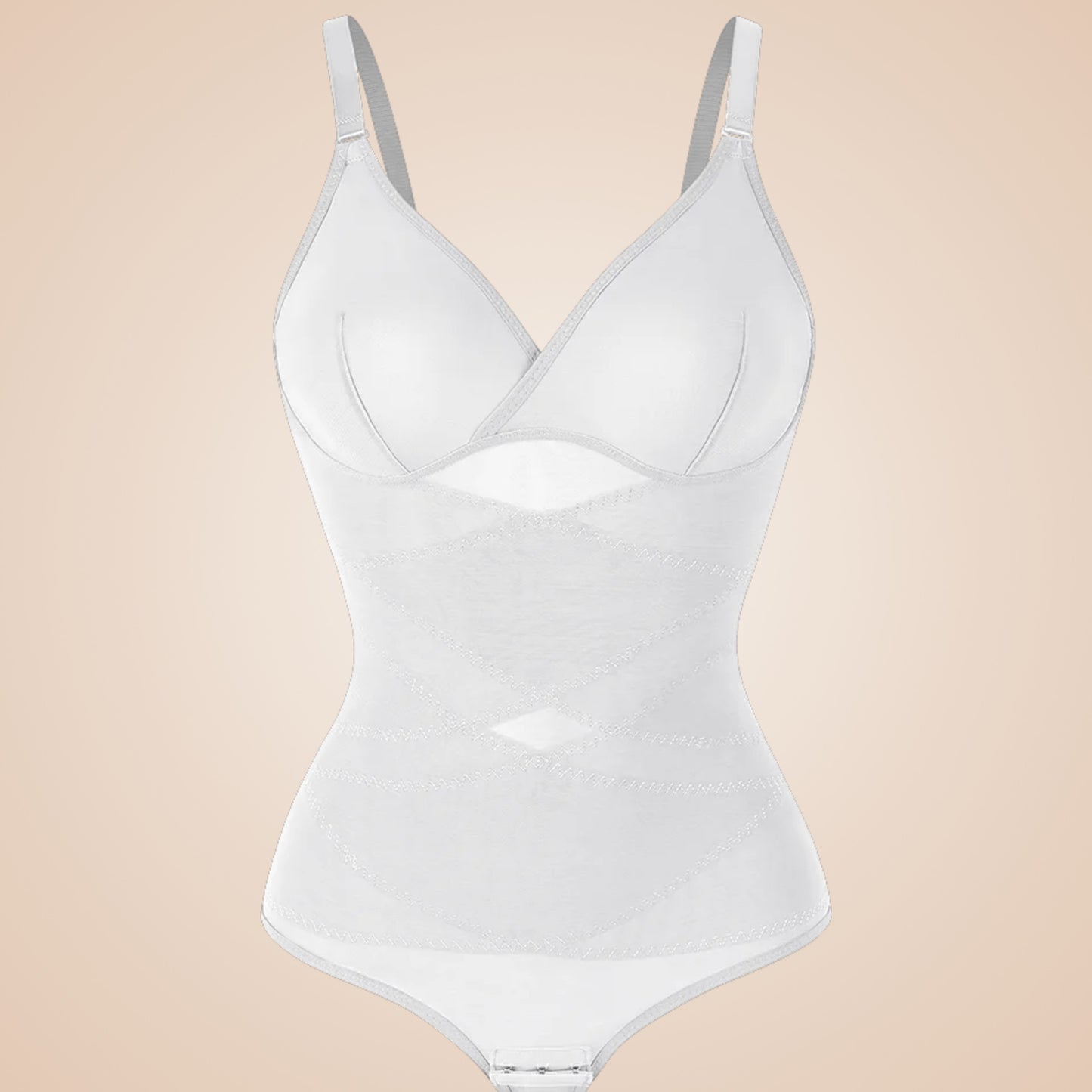 Body gainant blanc pour femme, lingerie sculptante avec bretelles réglables, effet ventre plat et body amincissant invisible sous vêtements.