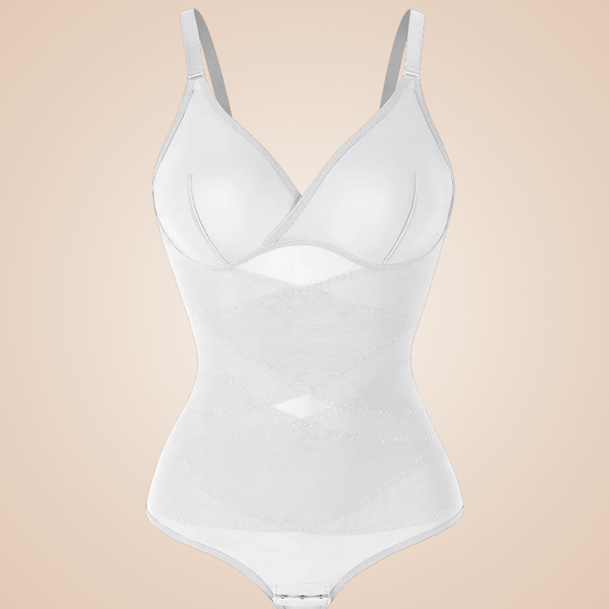 Body gainant blanc pour femme, lingerie sculptante avec bretelles réglables, effet ventre plat et body amincissant invisible sous vêtements.