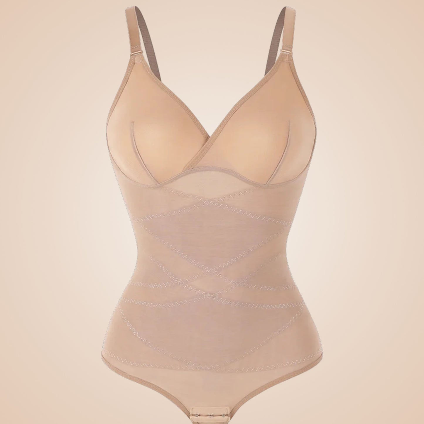 Body gainant couleur nude pour femme, lingerie sculptante avec bretelles réglables, effet ventre plat et silhouette affinée, body amincissant invisible sous vêtements.