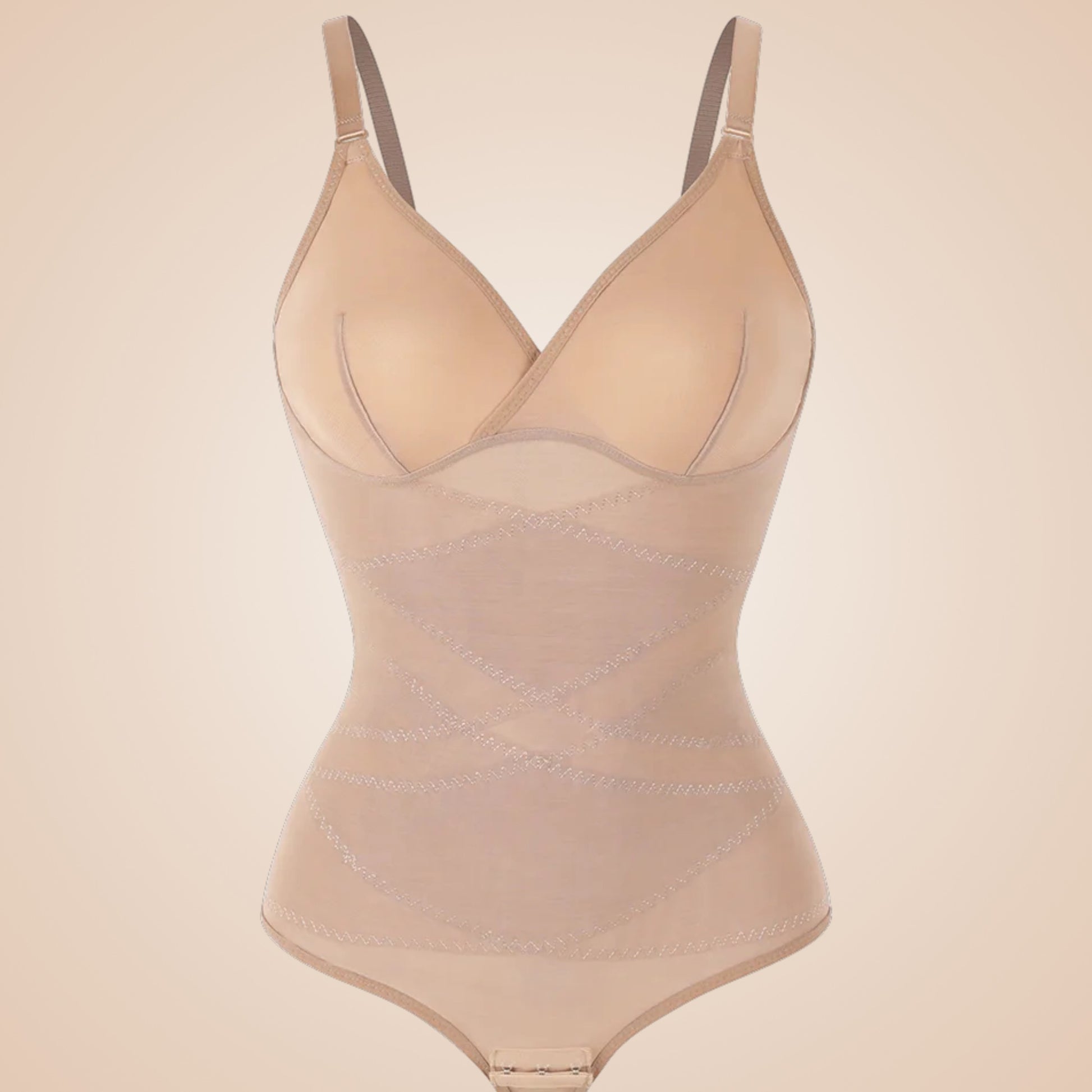 Body gainant couleur nude pour femme, lingerie sculptante avec bretelles réglables, effet ventre plat et silhouette affinée, body amincissant invisible sous vêtements.