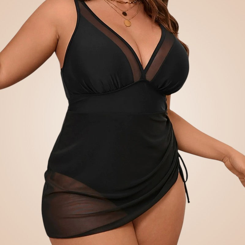 Maillot de bain femme ronde gainant Menhit noir avec jupe effet voile