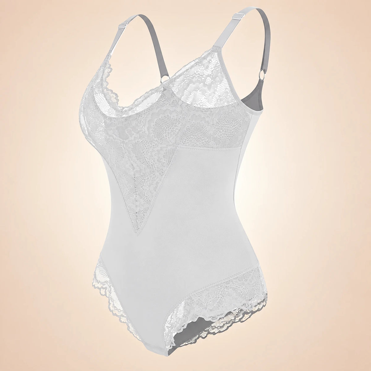 Body gainant Oba blanc à décolleté en dentelle, vue de trois quarts sur fond beige.