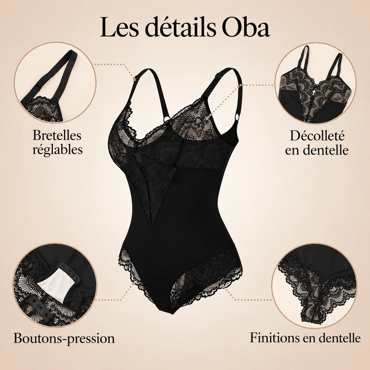 Détails du body Oba noir : bretelles réglables, décolleté en dentelle et boutons-pression à l’entrejambe.