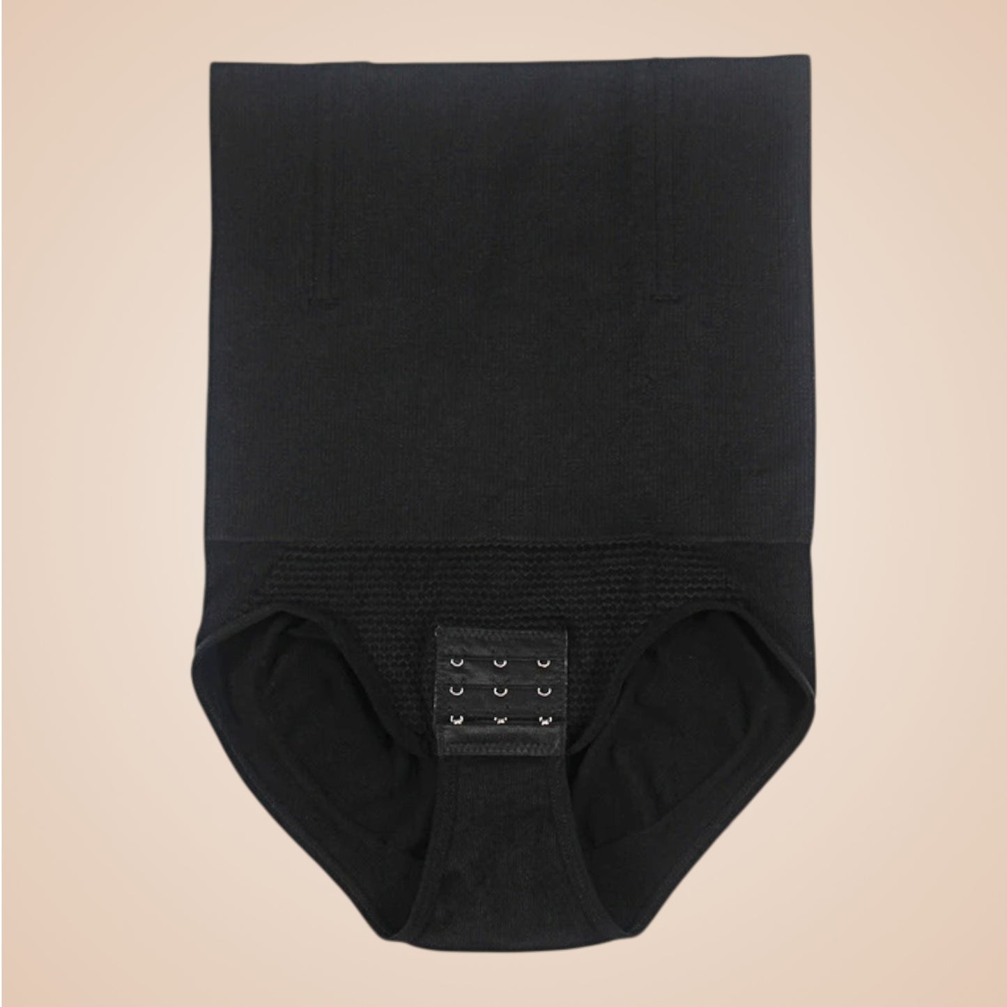 Culotte gainante noire taille haute avec triple fermeture à crochets devant.