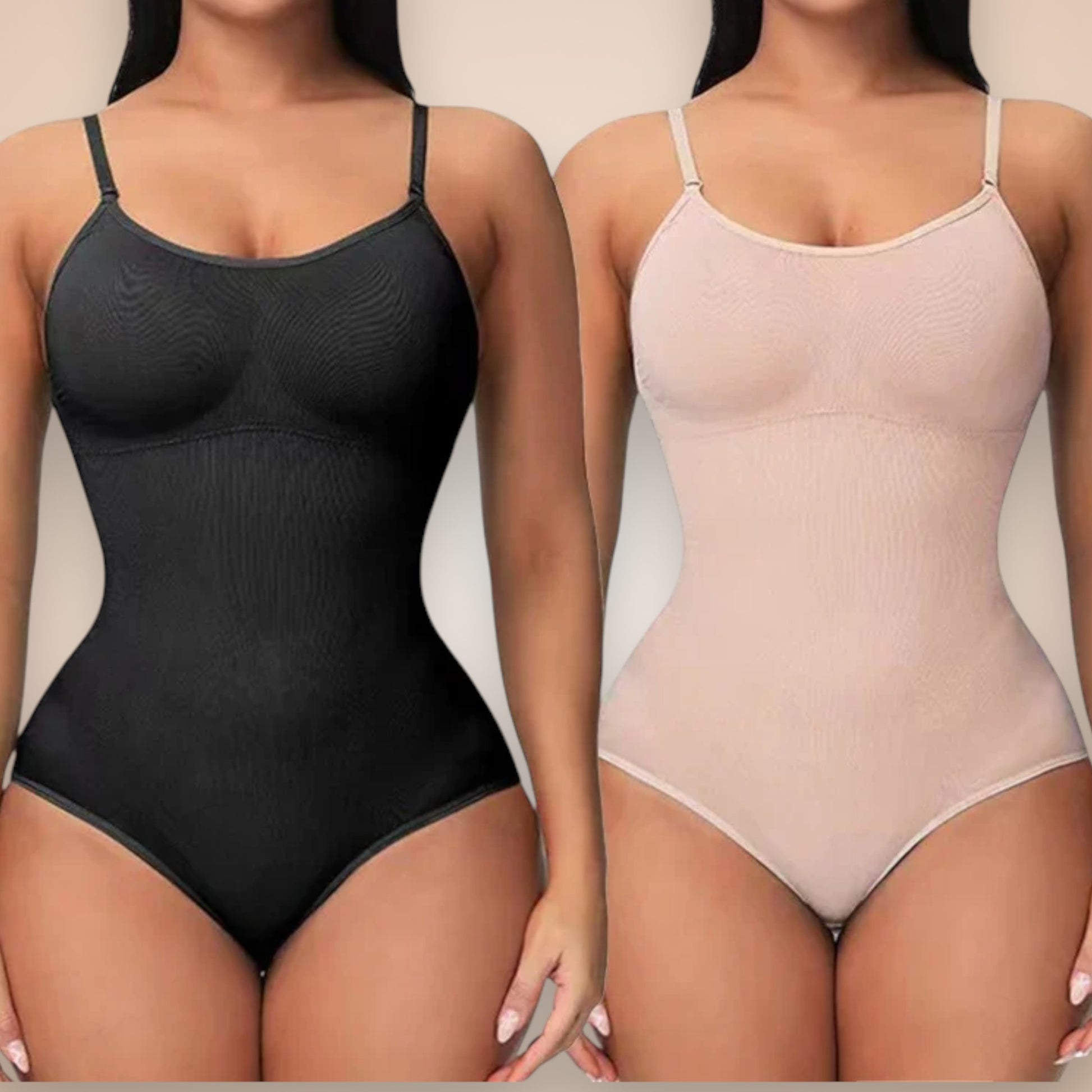 Body gainant amincissant femme noir et nude, lingerie sculptante effet ventre plat et taille affinée, confort invisible sous les vêtements.