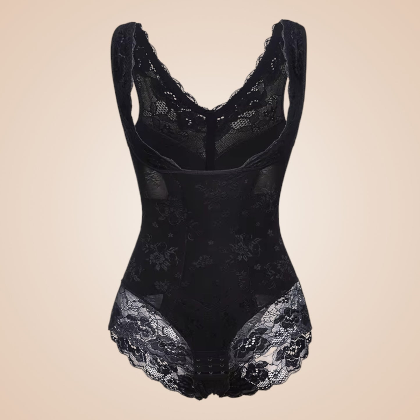 Body gainant dentelle noire femme, lingerie sculptante à effet ventre plat avec finitions florales et dos en dentelle transparente, coupe élégante et galbante.