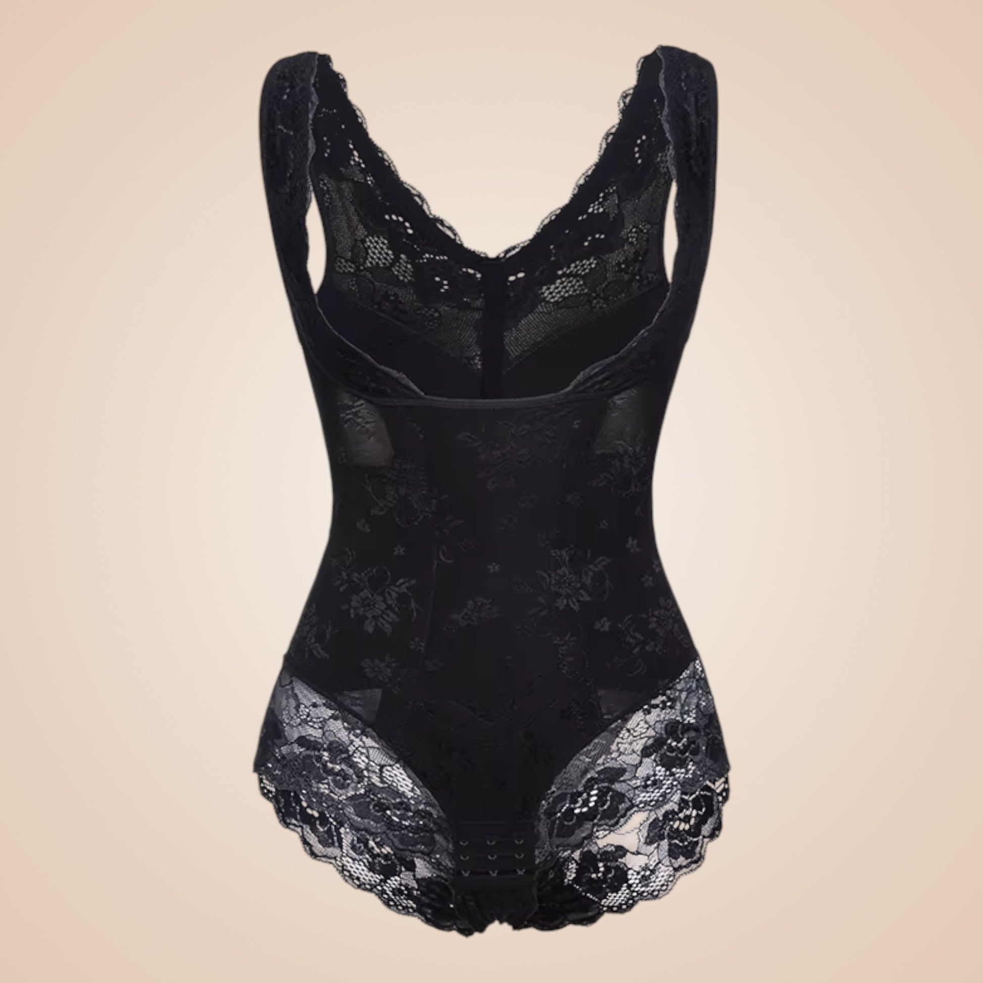 Body gainant dentelle noire femme, lingerie sculptante à effet ventre plat avec finitions florales et dos en dentelle transparente, coupe élégante et galbante.