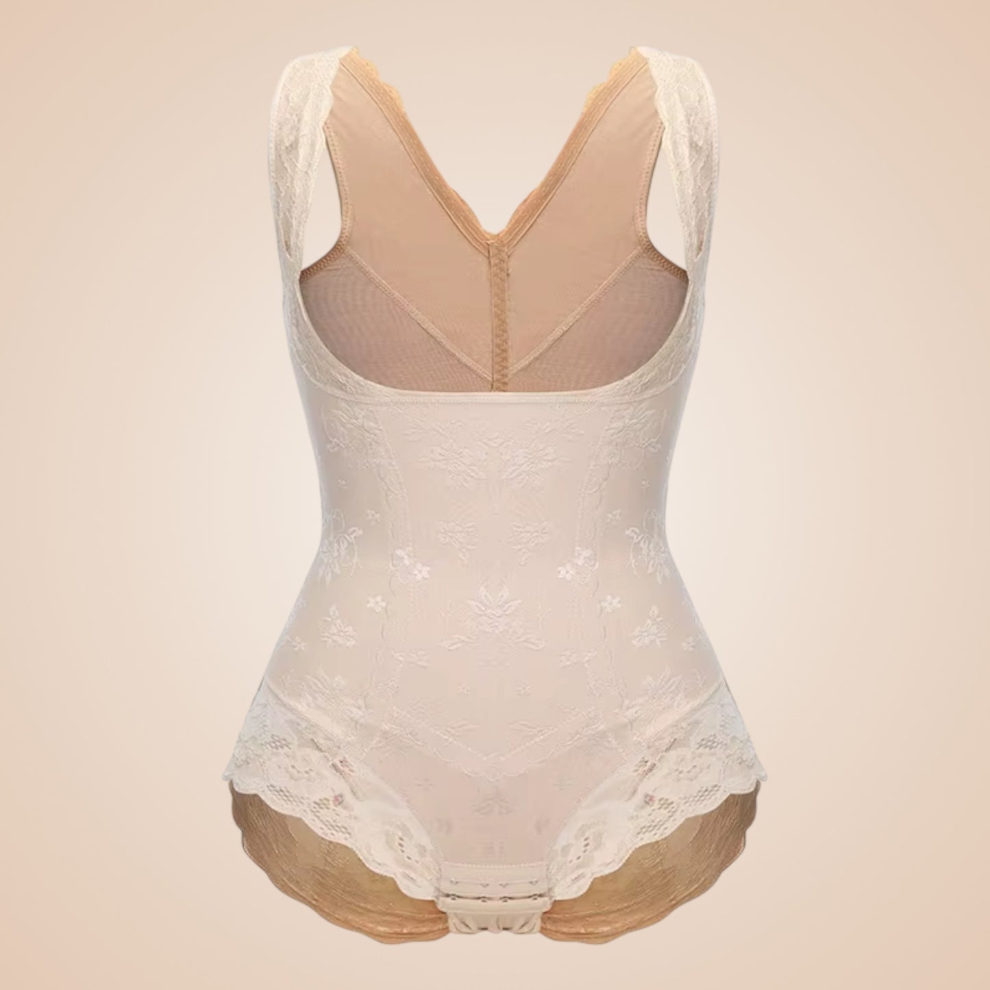 Body gainant dentelle nude femme, lingerie sculptante à effet ventre plat avec dos en tulle respirant et finitions florales délicates, maintien raffiné et discret.