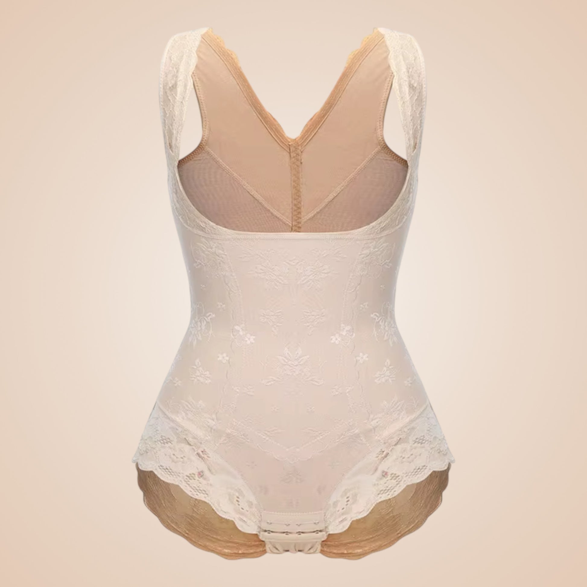 Body gainant dentelle nude femme, lingerie sculptante à effet ventre plat avec dos en tulle respirant et finitions florales délicates, maintien raffiné et discret.