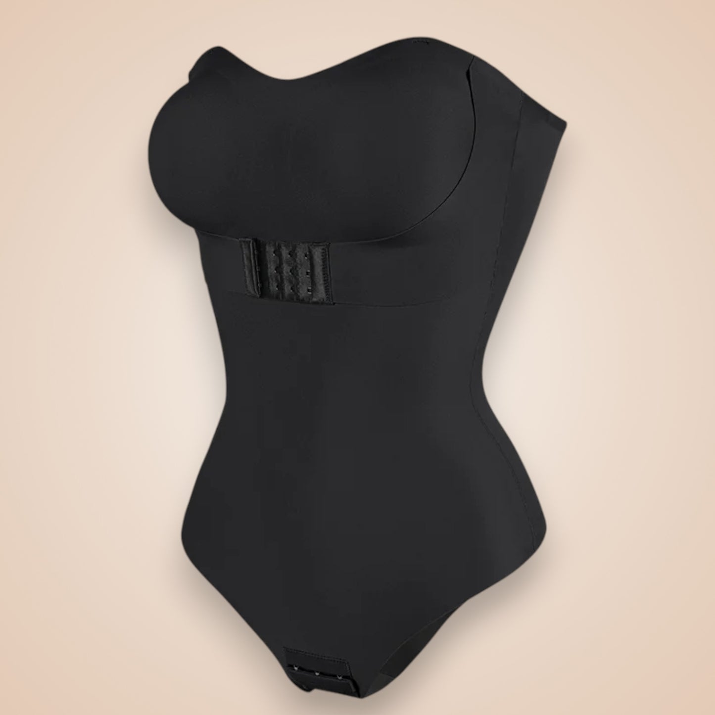 Body gainant dos nu noir pour femme, lingerie sculptante avec maintien poitrine et fermeture à agrafes, effet ventre plat et silhouette affinée.