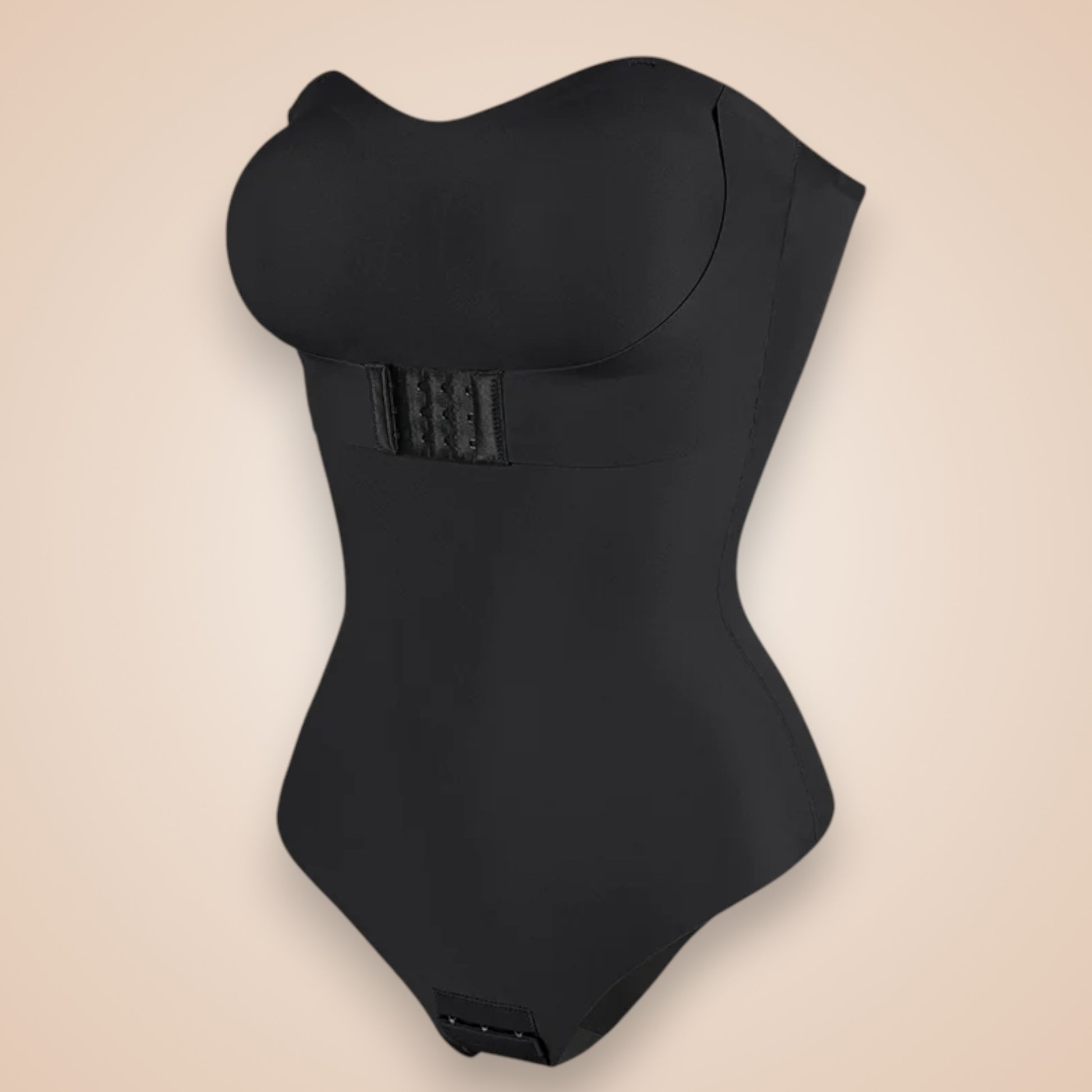 Body gainant dos nu noir pour femme, lingerie sculptante avec maintien poitrine et fermeture à agrafes, effet ventre plat et silhouette affinée.