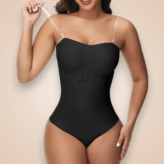 Body gainant dos nu noir porté par une femme, lingerie sculptante avec bretelles transparentes amovibles, effet ventre plat et maintien invisible sous les vêtements.