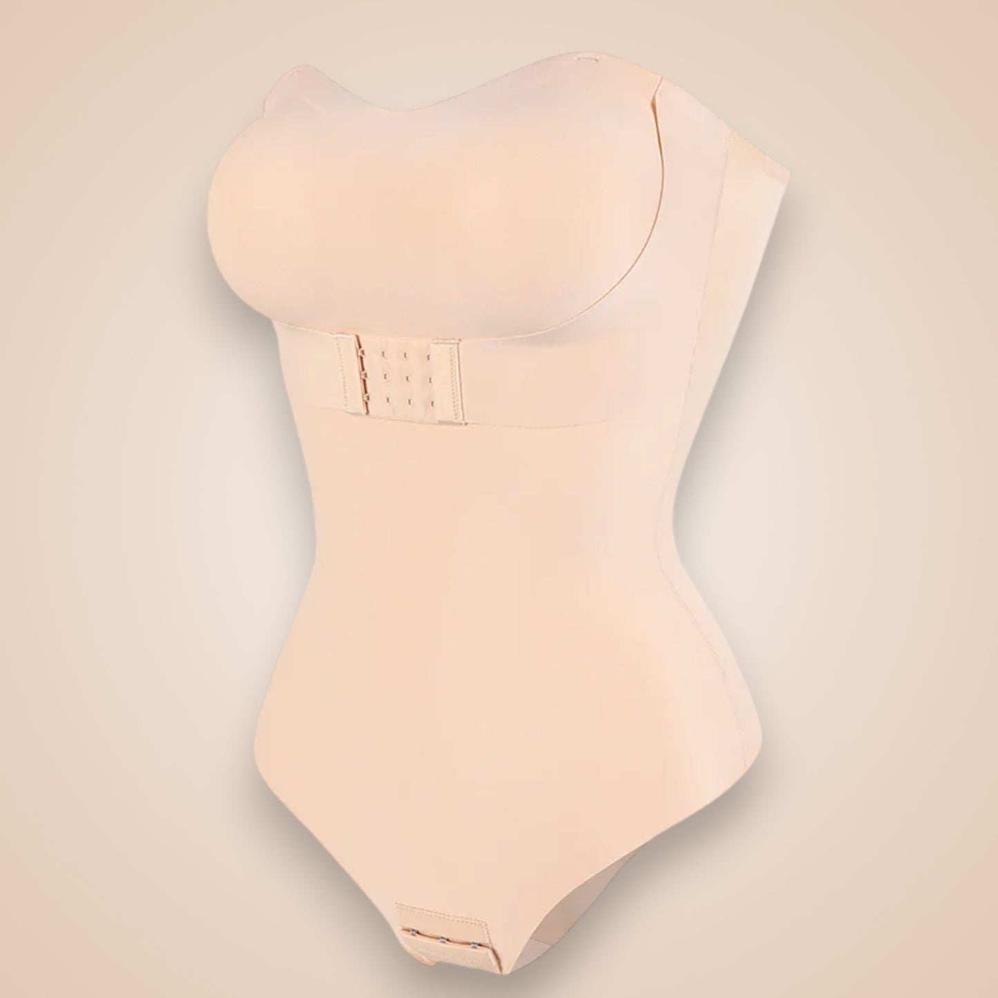 Body gainant dos nu nude pour femme, lingerie sculptante invisible avec agrafes de maintien, effet ventre plat et galbe naturel de la poitrine.