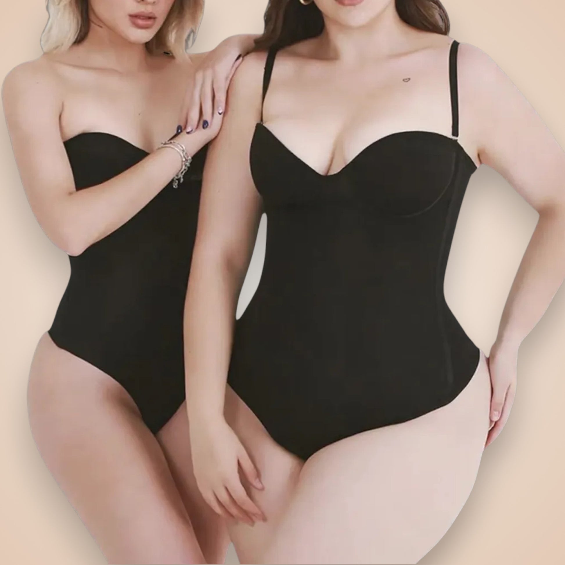Body gainant sans bretelles noir pour femme, lingerie sculptante push-up disponible en tailles standard et grande taille, affine la silhouette et maintient la poitrine.