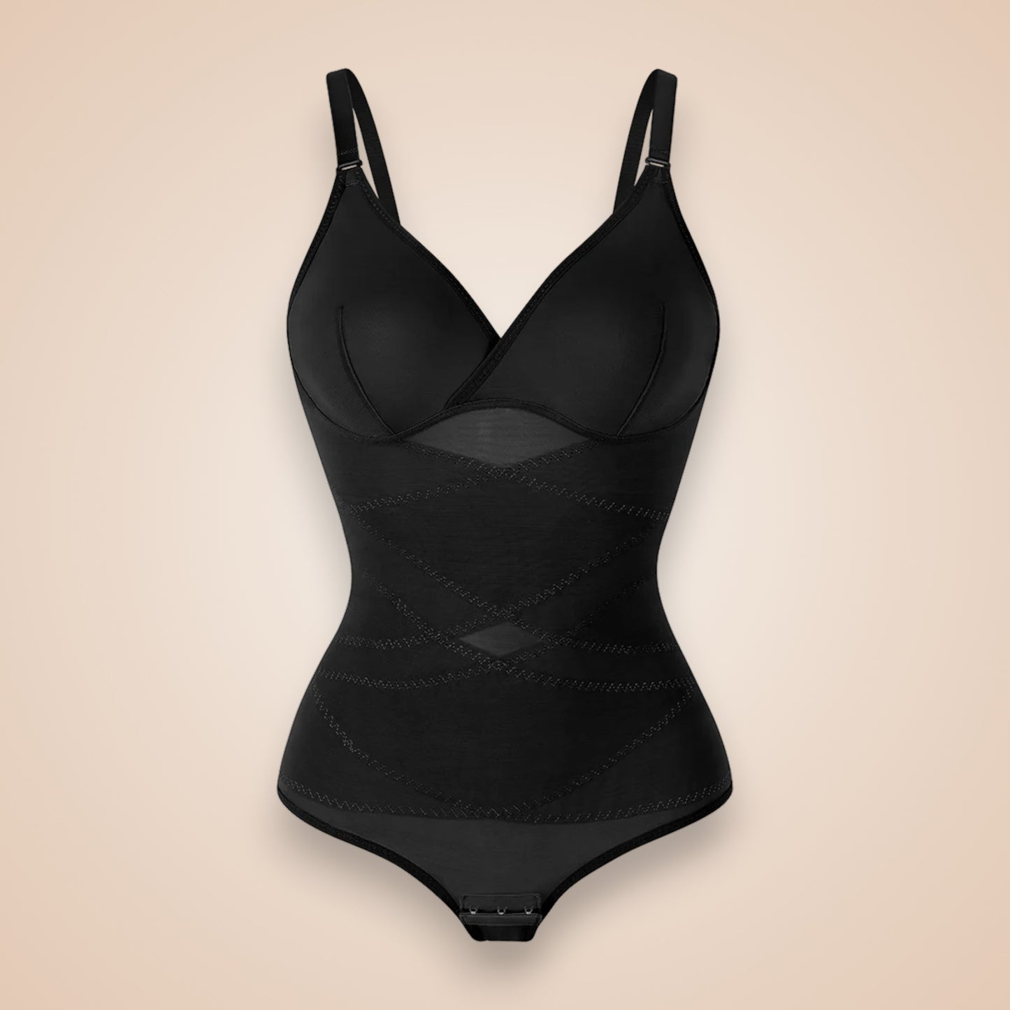 Body gainant noir pour femme avec bretelles réglables, lingerie sculptante effet ventre plat, body amincissant invisible sous vêtements.