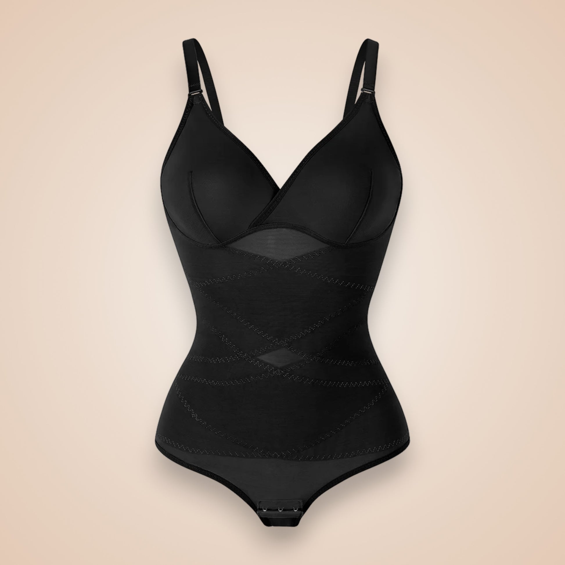 Body gainant noir pour femme avec bretelles réglables, lingerie sculptante effet ventre plat, body amincissant invisible sous vêtements.