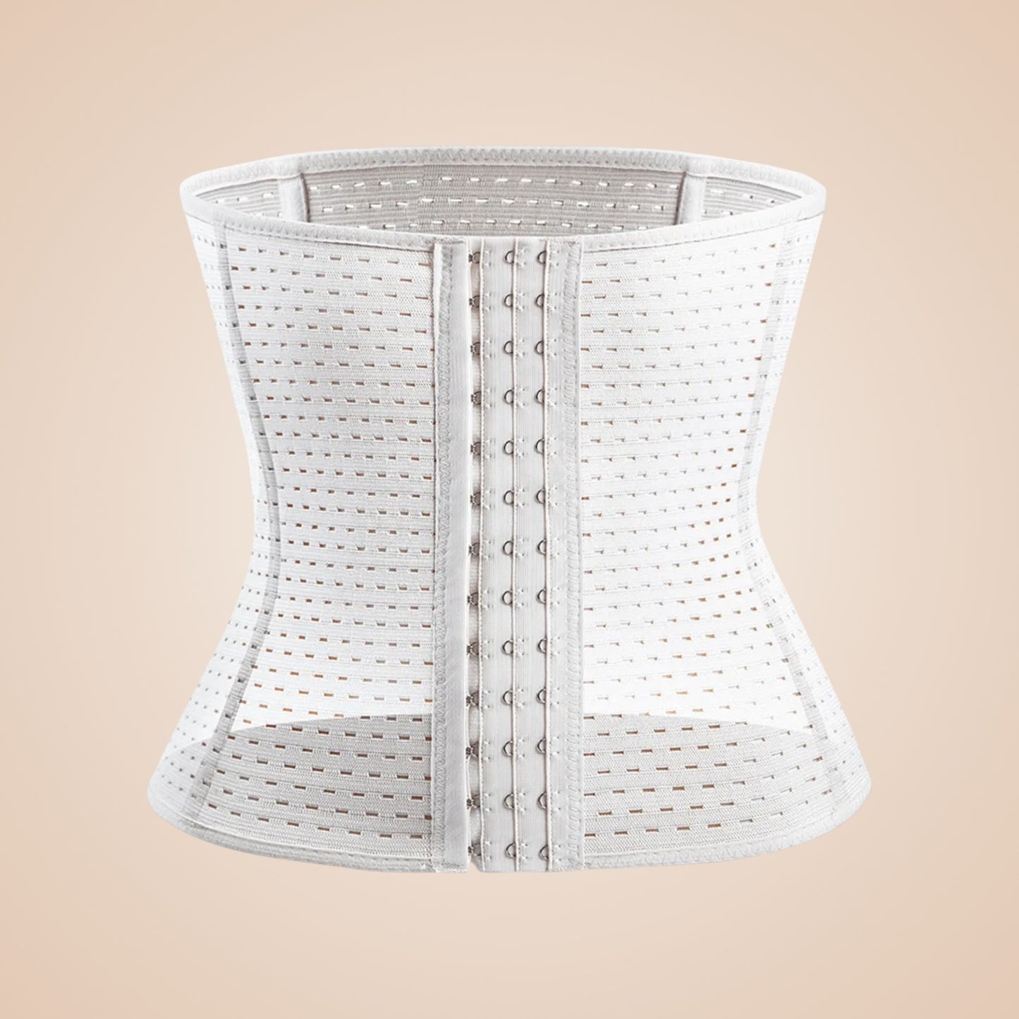 Bustier corset femme blanc en tissu ajouré avec fermeture à crochets sur le devant.