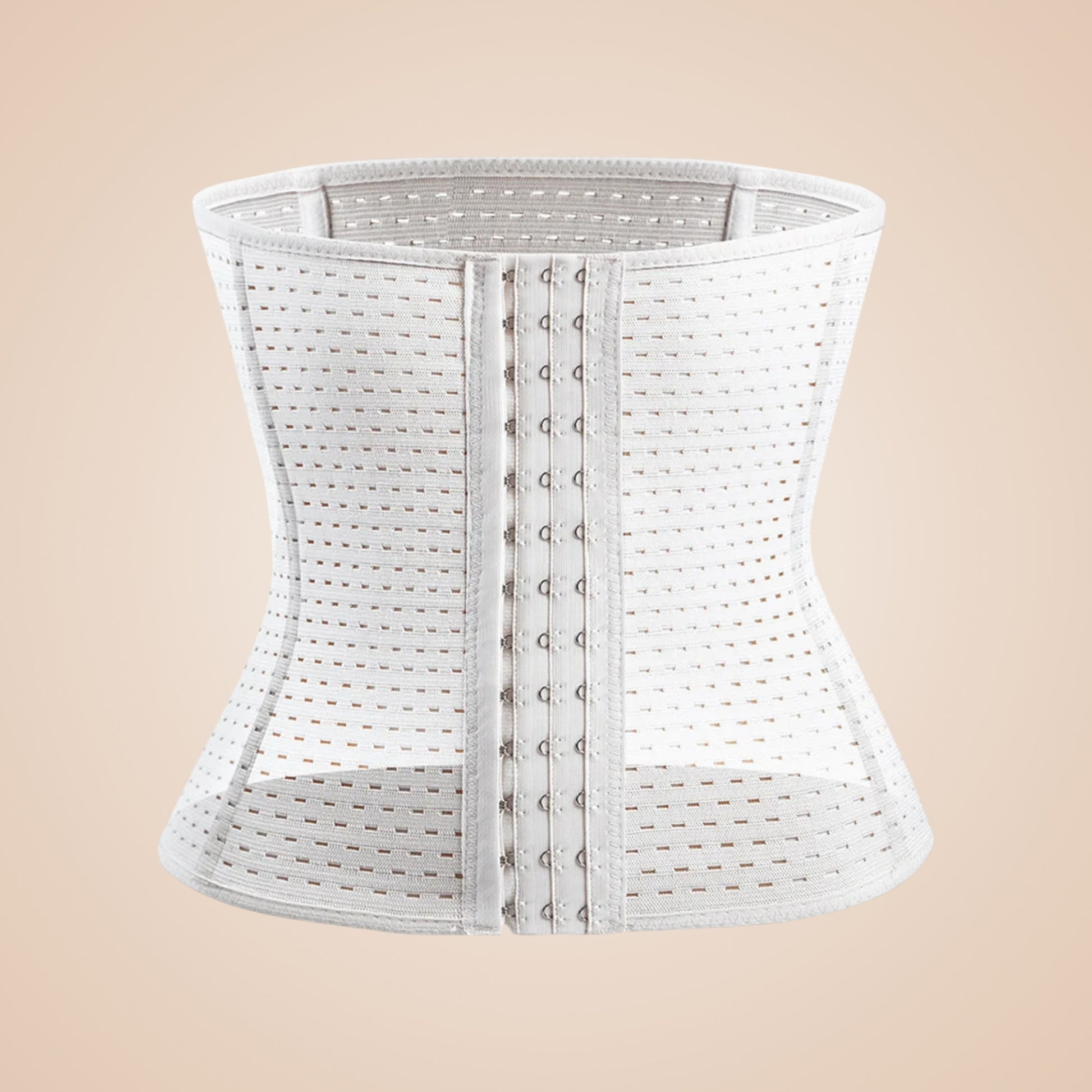 Bustier corset femme blanc en tissu ajouré avec fermeture à crochets sur le devant.