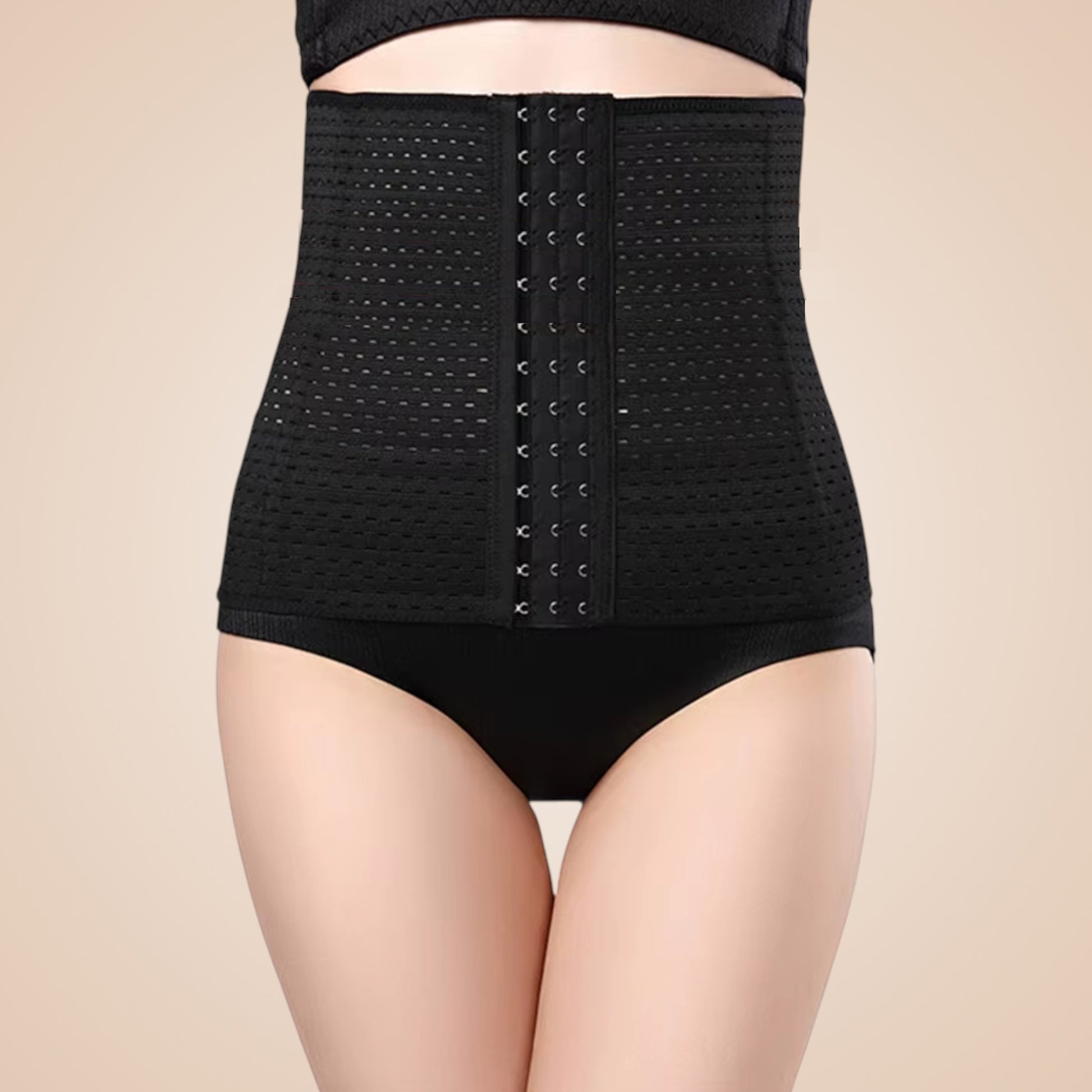 Bustier corset noir taille haute avec crochets frontaux et texture ajourée.