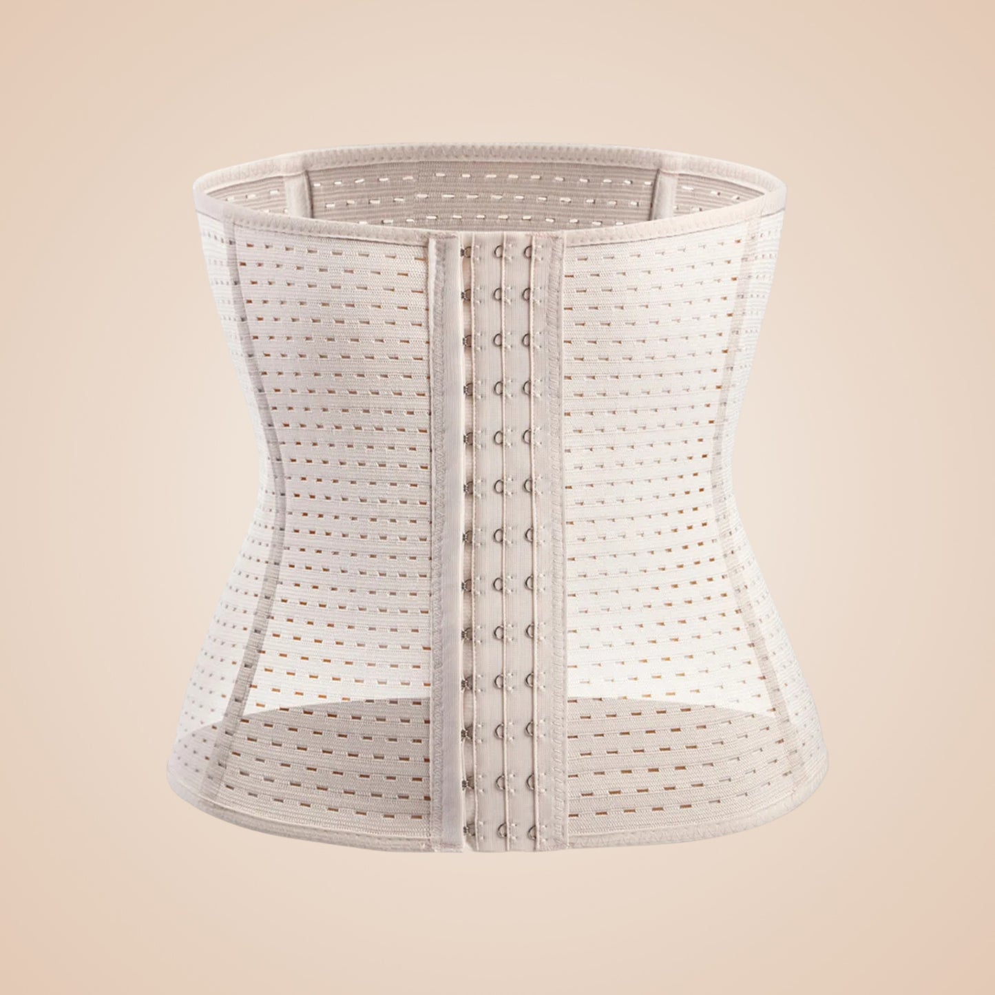 Bustier corset blanc ajouré avec fermeture à crochets frontale et structure cintrée.