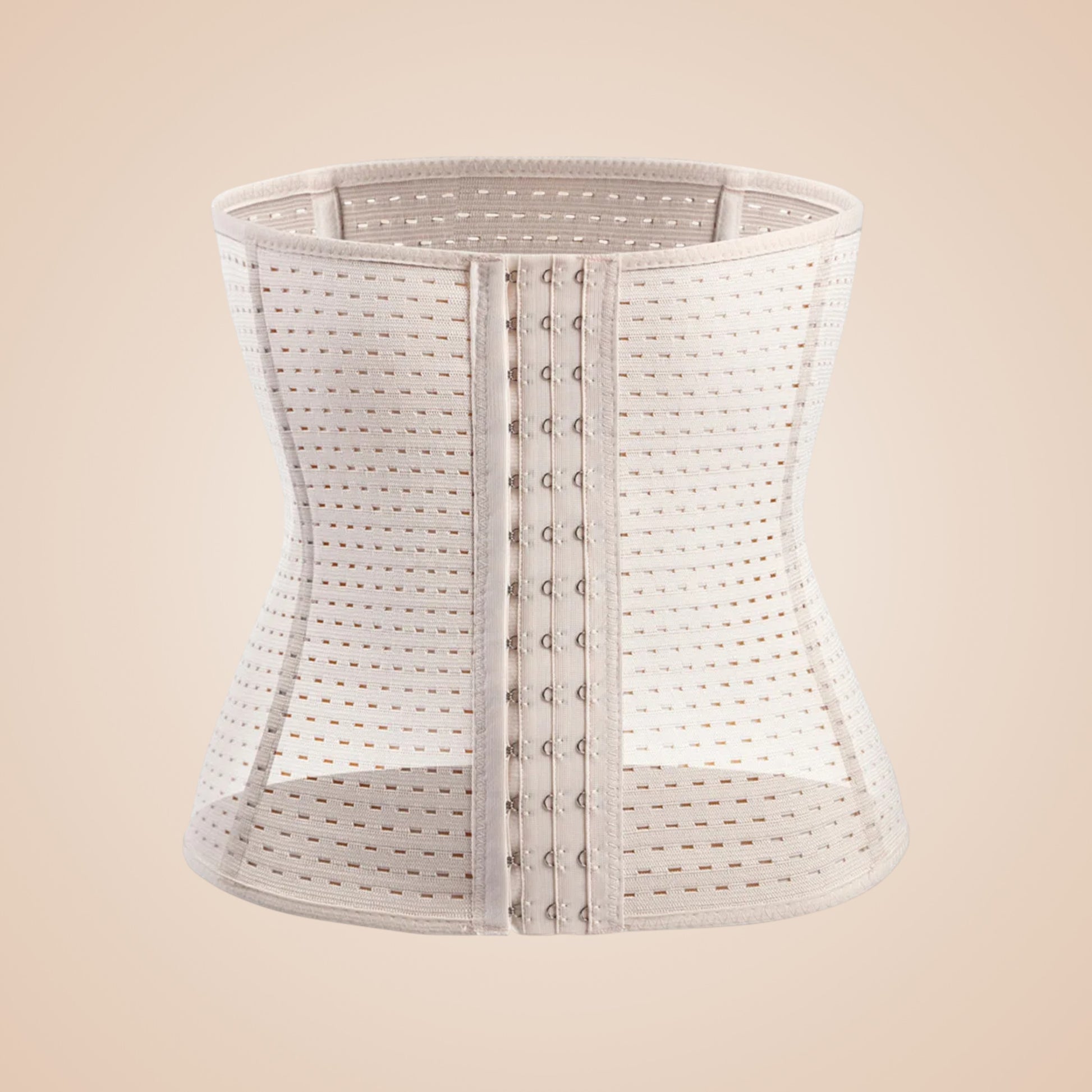 Bustier corset blanc ajouré avec fermeture à crochets frontale et structure cintrée.