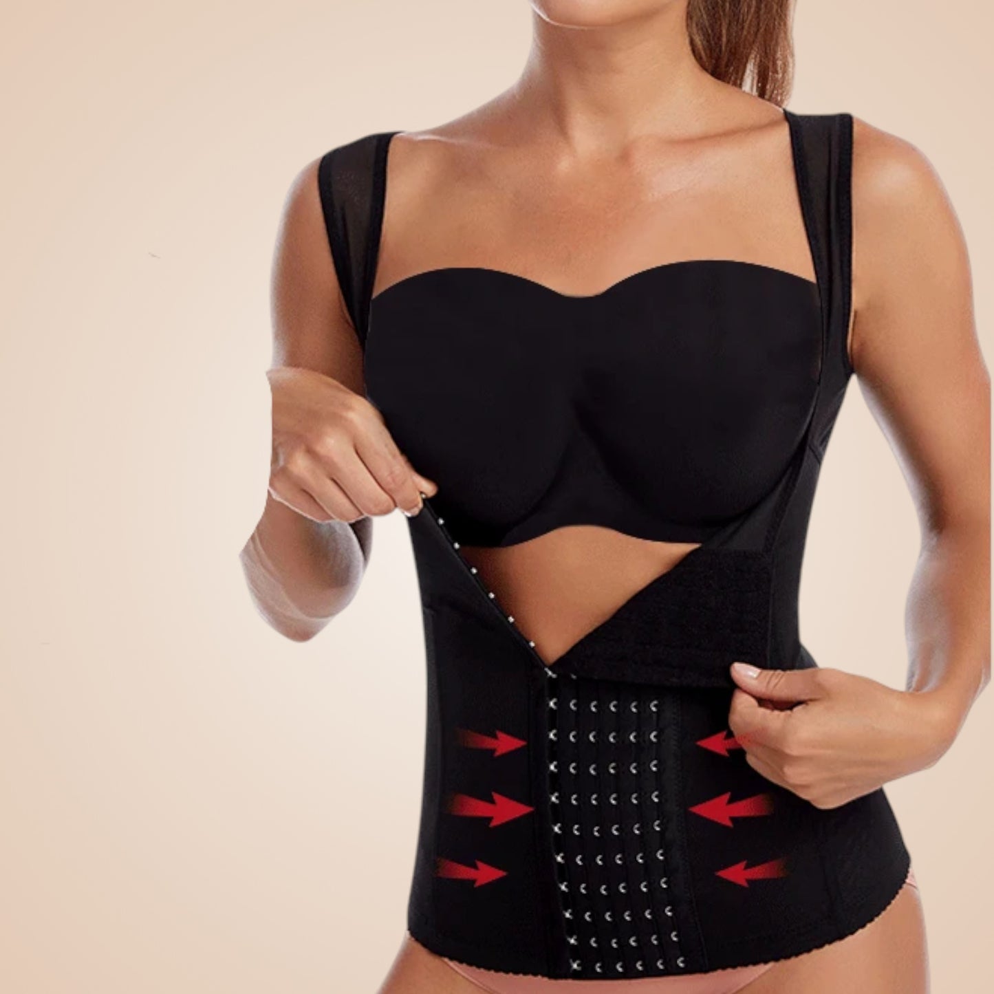 Corset minceur noir femme à larges bretelles avec fermeture à crochets devant et renforts sculptants.