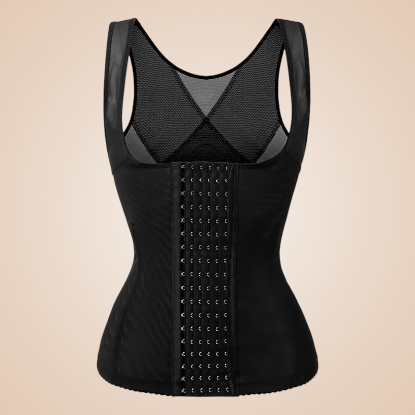 Corset minceur femme noir avec fermeture à crochets devant et larges bretelles en maille transparente.