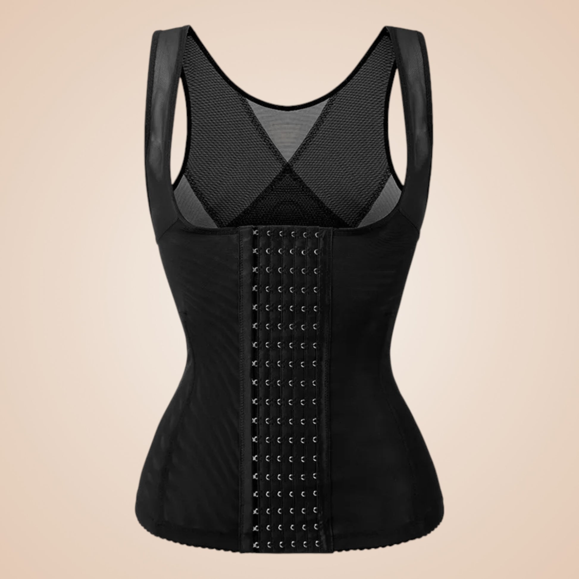 Corset minceur femme noir avec fermeture à crochets devant et larges bretelles en maille transparente.