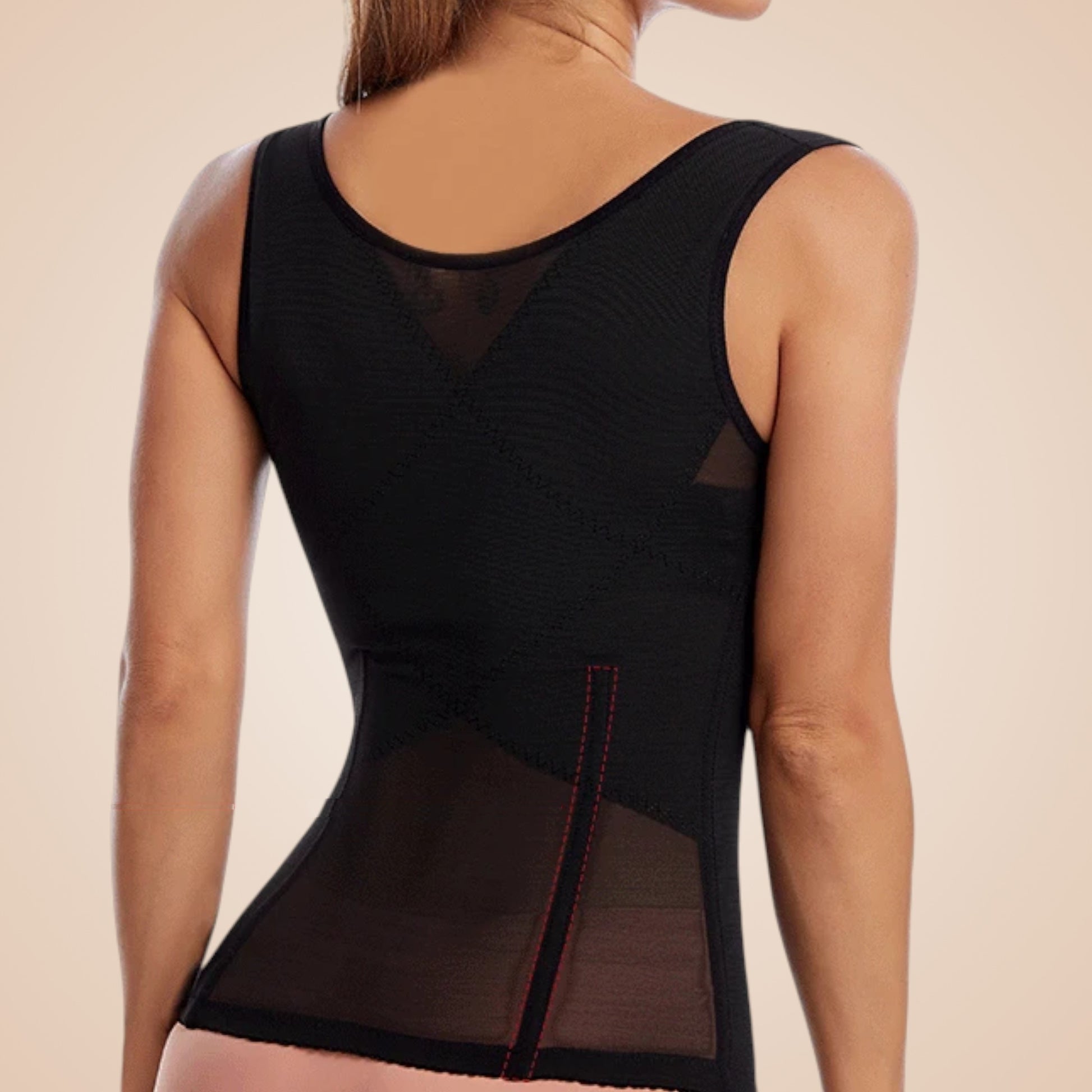 Corset minceur femme noir en tissu mesh transparent et opaque, dos décolleté large, coupe ajustée.